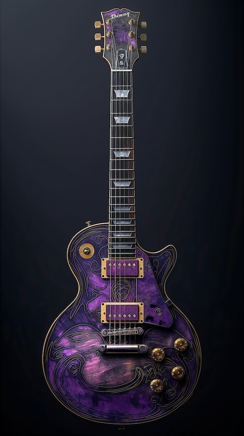 electric-guitar-with-purple-and-black-swirling-patterns