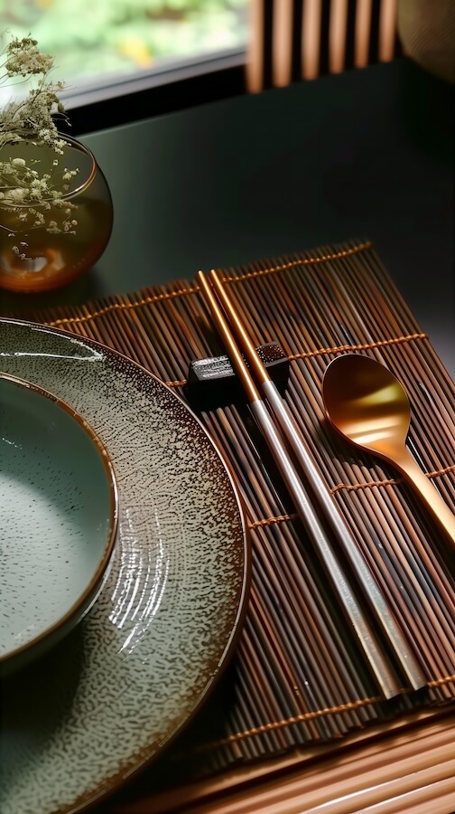 elegant-brown-gold-spoon-and-chopsticks-set-with-tableware