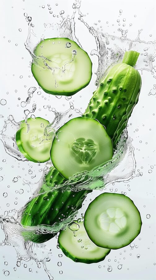 few-cucumber-slices-and-water-splashes-on-a-white-background