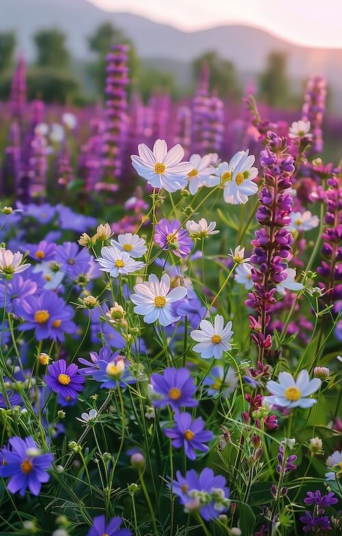 field-of-purple-and-white-cosmos-flowers-with-blue-delphiniums