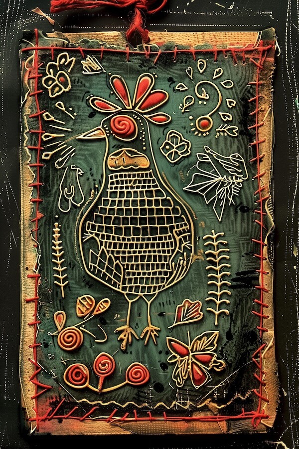 folk-art-chicken-design-on-the-cover-of-an-old-book