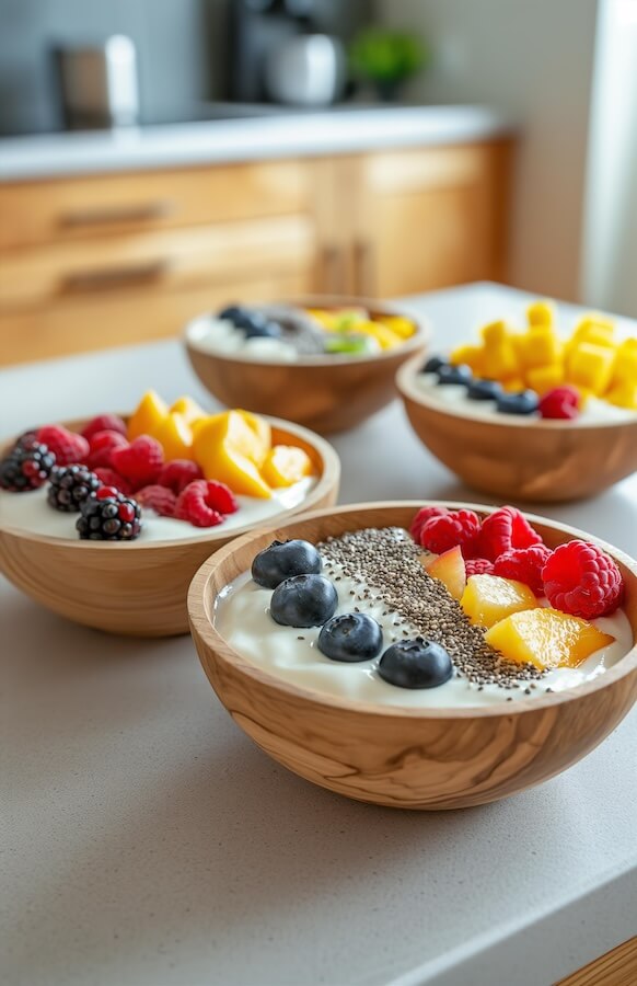 four-wooden-bowls-with-white-yogurt-and-mixed-fruits-on-top