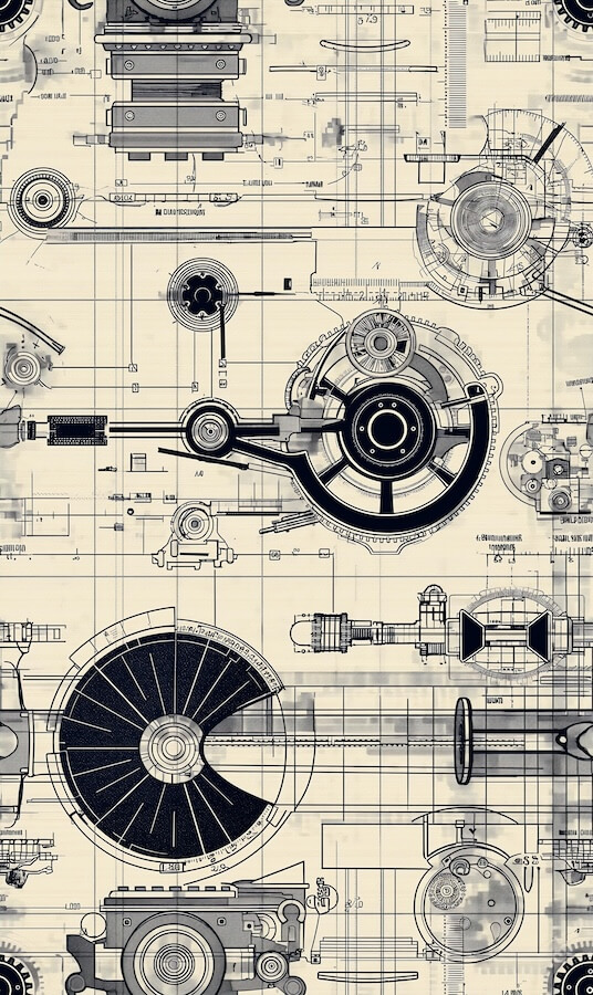 gear-and-engine-designs-in-monochrome-tones-on-cream-canvas