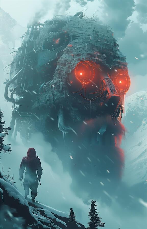 giant-robot-with-glowing-red-eyes-is-walking-in-the-snow