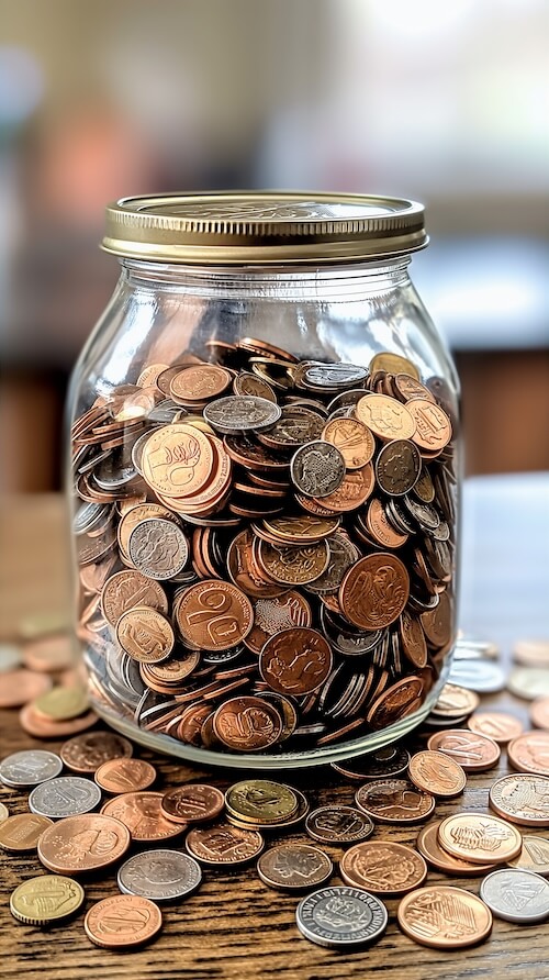 glass-jar-filled-with-coins-of-various-sizes-sits-on-the-kitchen-table