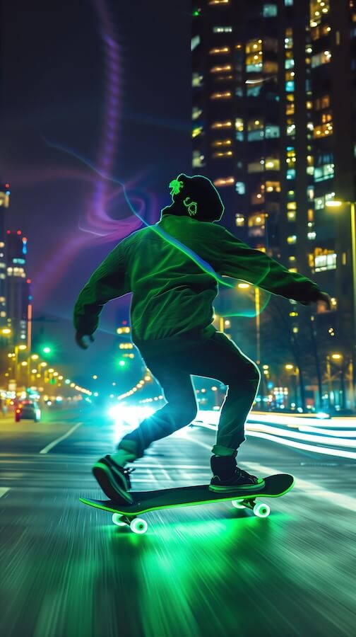 green-neon-light-man-riding-on-skateboard-in-the-city-at-night