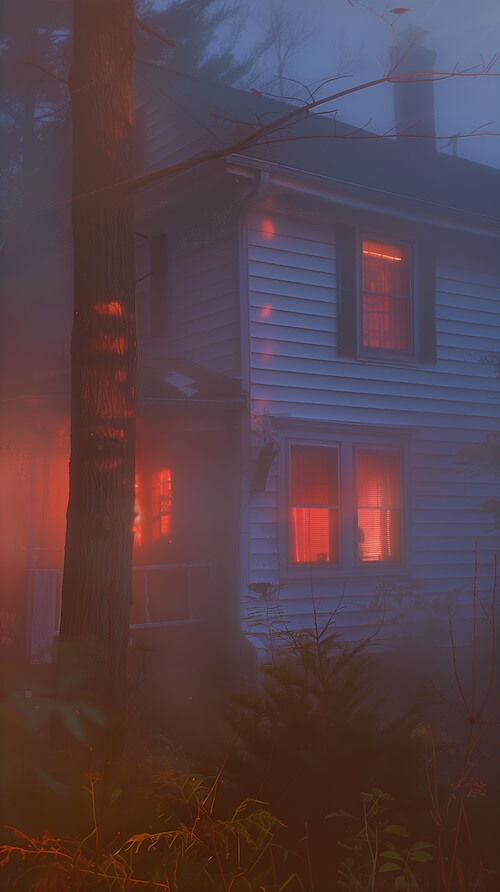 house-in-the-fog-with-red-lights-glowing-through-one-of-its-windows