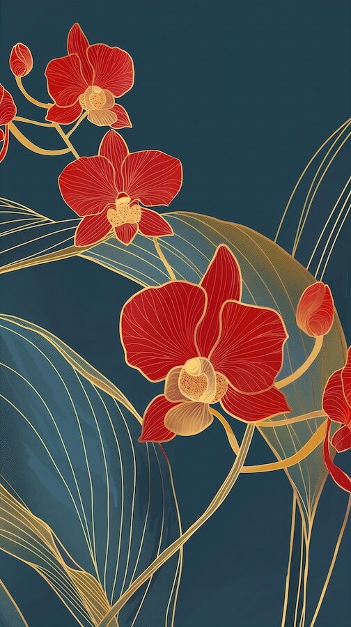 illustration-of-red-orchids-with-gold-lines-on-a-dark-blue-background