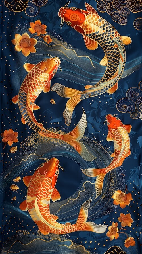 koi-fish-fabric-on-a-blue-background-with-golden-patterns-and-lines