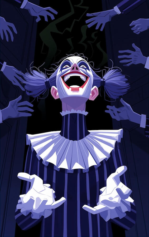 laughing-female-clown-with-dark-blue-hair-and-white-gloves