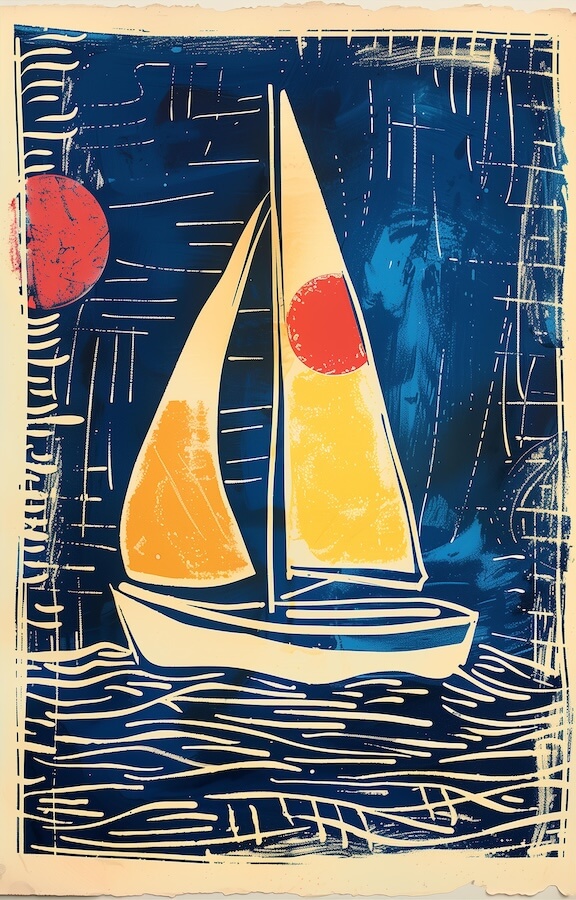 lino-print-of-a-sailboat-with-blue-and-yellow-sails