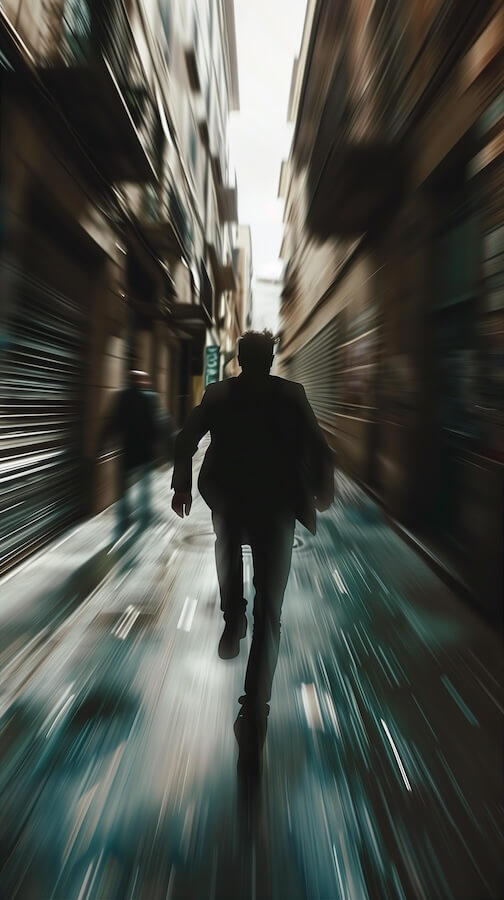 man-running-down-an-alley-in-the-city-in-a-motion-blur
