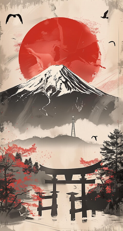 mount-fuji-in-japan-with-an-abstract-red-sun-and-torii-gate