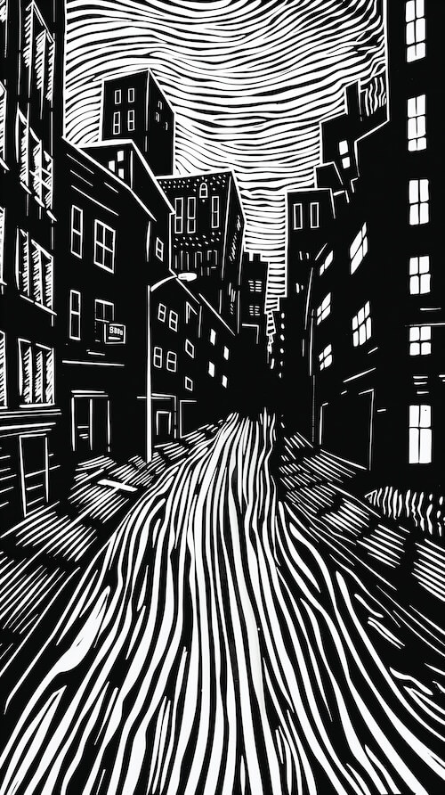 simple-black-and-white-woodcut-illustration-of-the-empty-streets