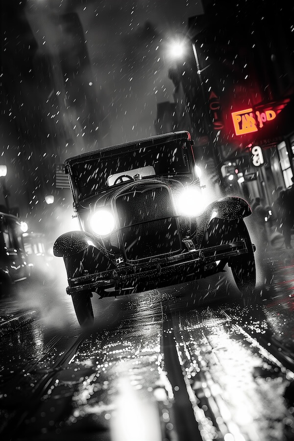 old-model-t-ford-in-the-rain-driving-down-city-street-at-night