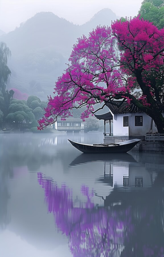 on-the-calm-lake-there-is-an-ancient-boat-and-white-house-next-to-it
