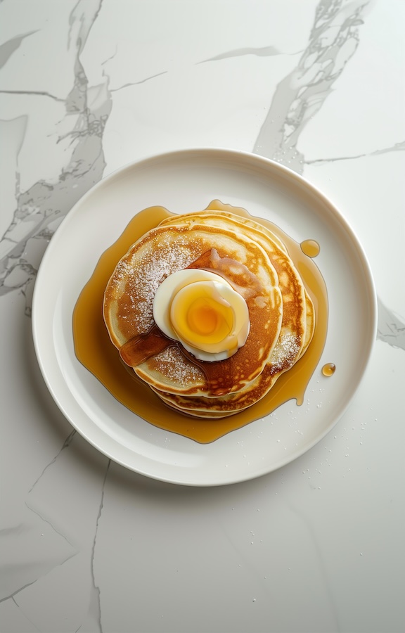 pancakes-sitting-in-the-center-of-a-white-plate-on-a-marble-table