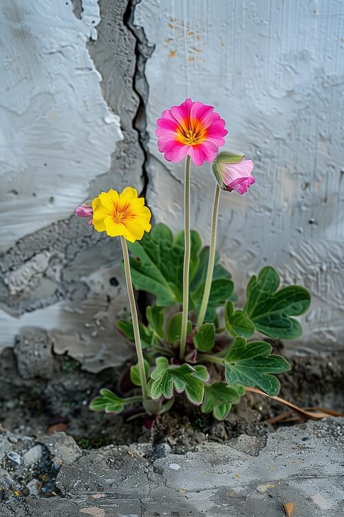 pink-and-yellow-primrose-blossoms-growing-through-the-concrete