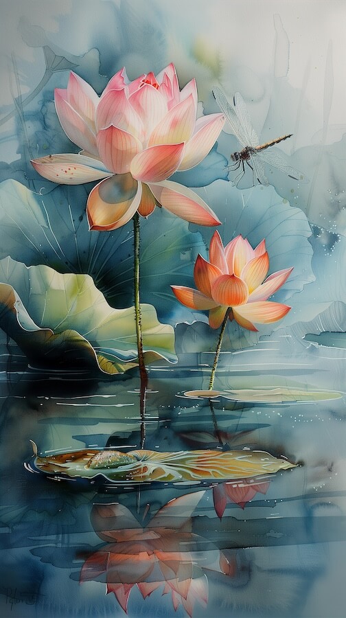 pink-lotus-flowers-and-green-leaves-in-the-water-with-dragonfly-on-it