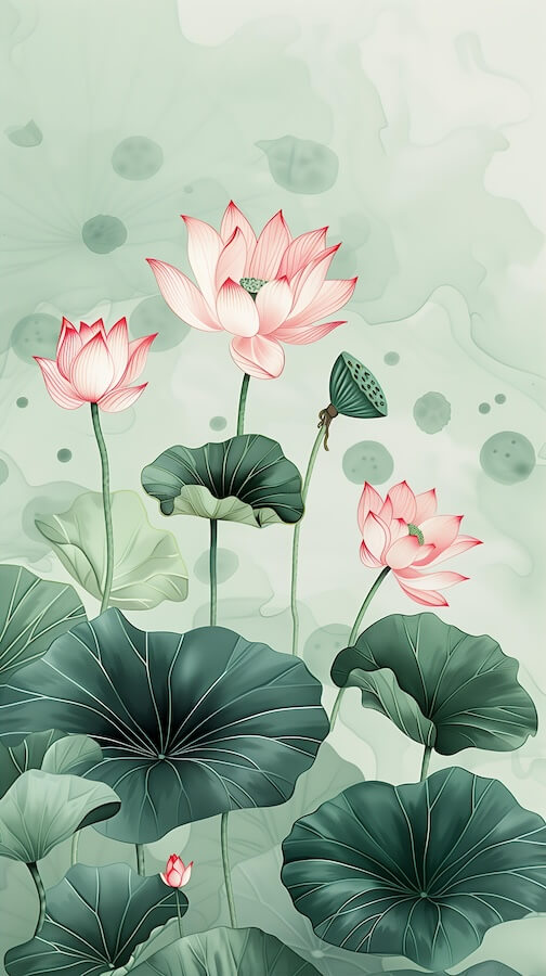 pink-lotus-flowers-and-green-leaves-on-a-light-background