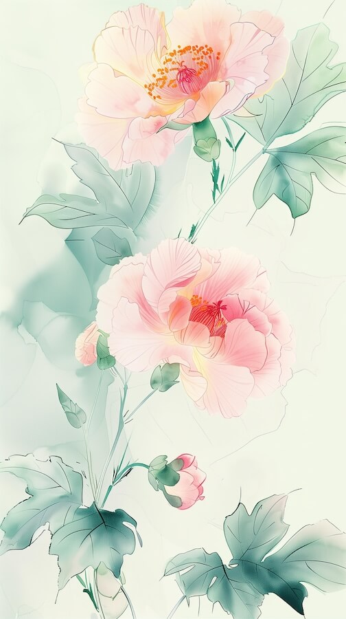 pink-peony-flowers-with-green-leaves-on-a-light-background