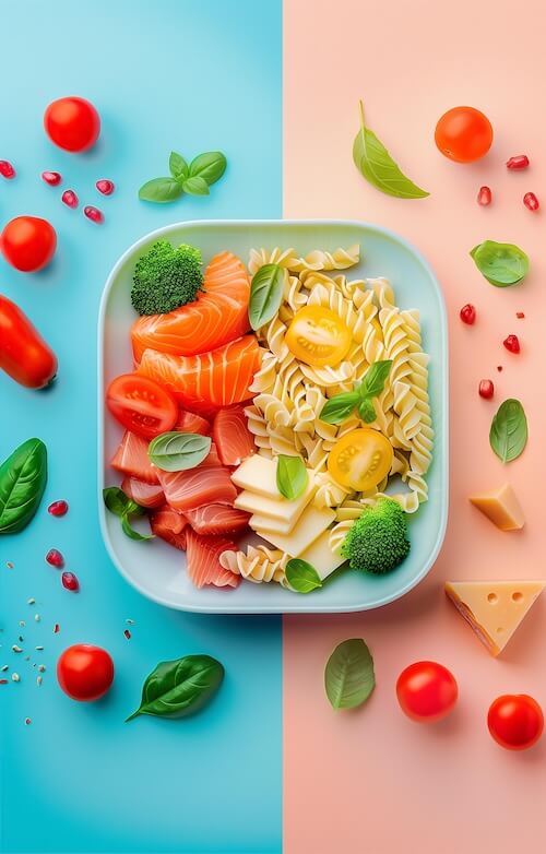 plate-of-pasta-salmon-and-vegetables-on-a-pastel-background