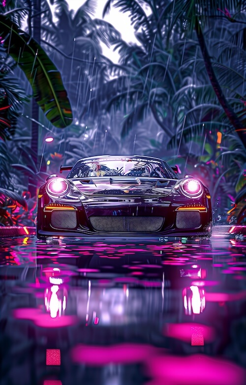 porsche-gt3-rs-car-driving-on-water-with-pink-neon-lights-at-night