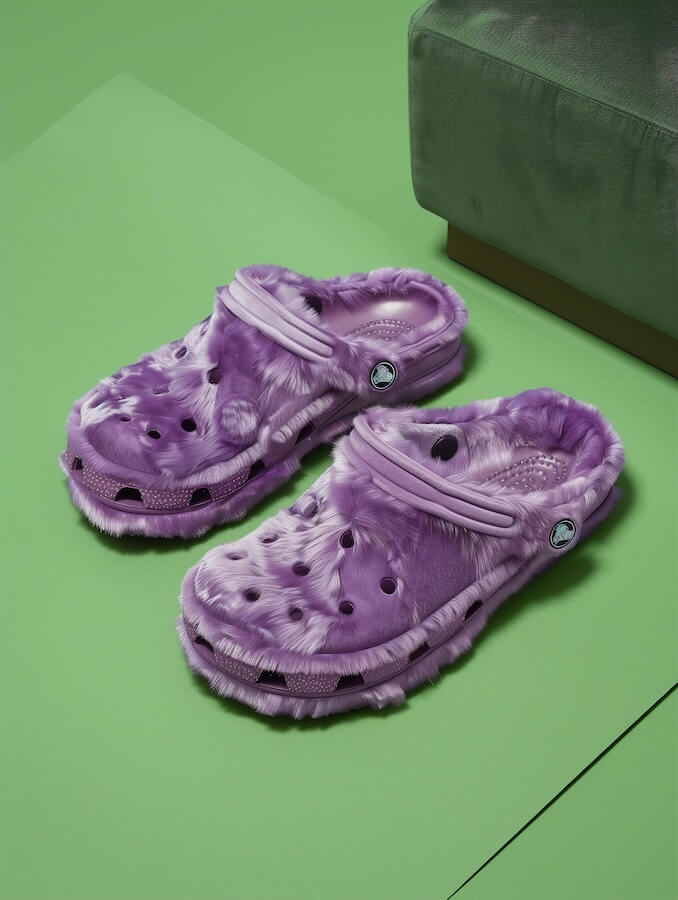product-photography-of-purple-furry-crocs-on-a-green-background