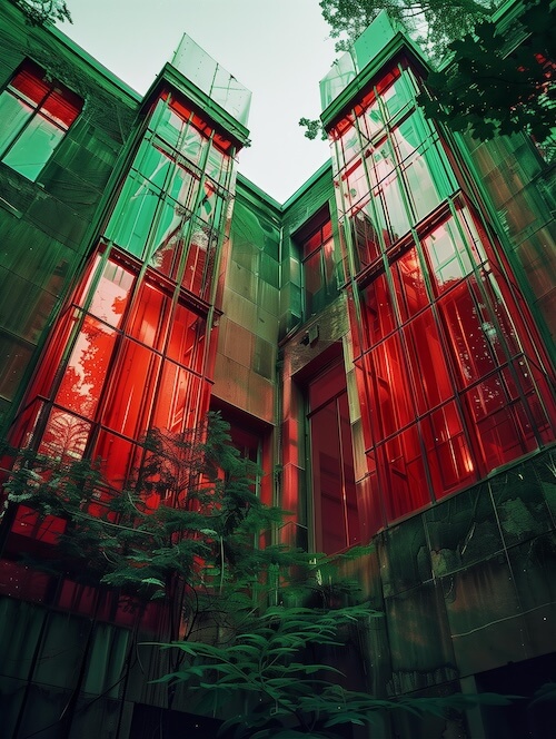red-and-green-glass-building-with-trees-in-the-courtyard