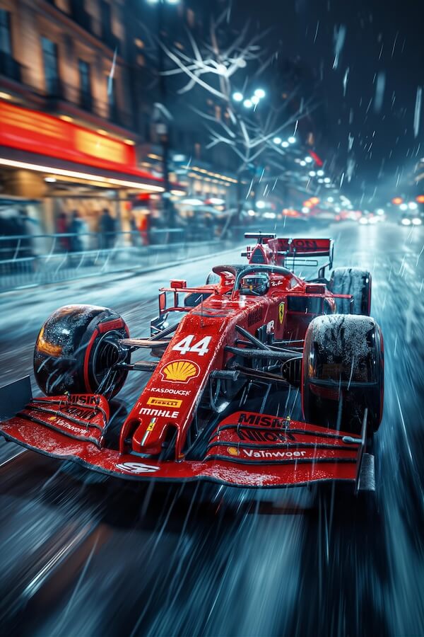 red-ferrari-fia-formula-one-car-driving-fast-in-the-snow-on-street
