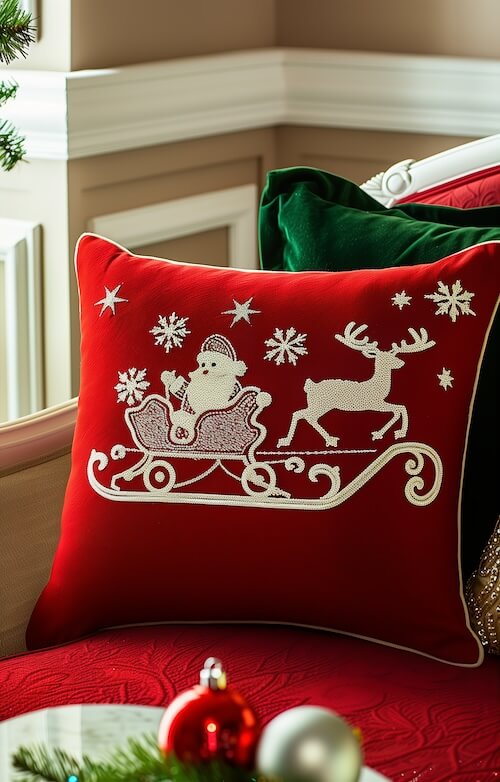 red-velvet-pillow-with-a-white-embroidered-design-of-santas-sleigh