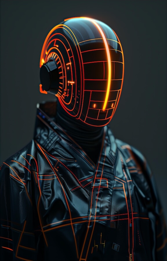 sci-fi-man-in-a-black-jacket-with-orange-neon-lines-on-his-helmet