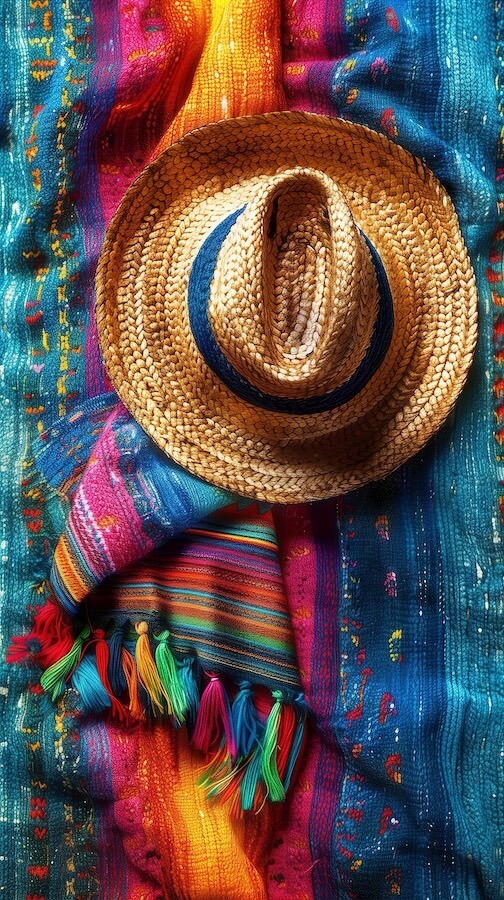 straw-hat-and-colorful-cloth-on-top-of-a-mexican-style-tablecloth