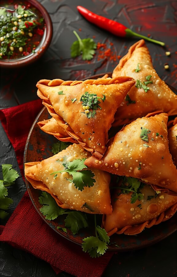 tasty-samosa-with-coriander-leaves-and-red-chillies