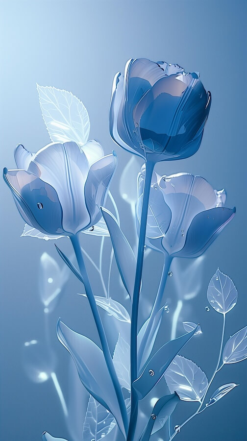 three-glass-tulips-made-of-clear-light-blue-glass-with-leaves