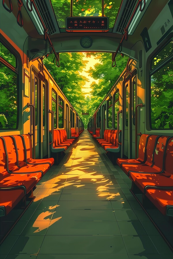 train-with-orange-seats-and-green-trees-outside-the-windows
