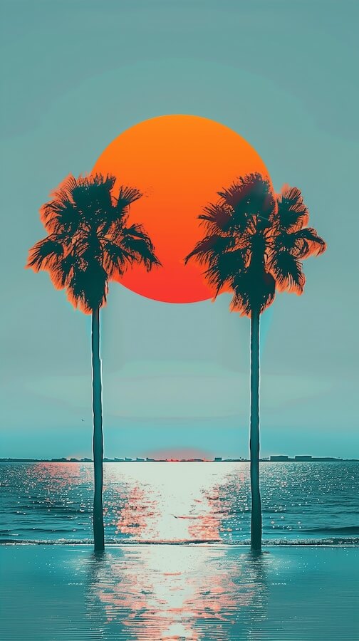 two-palm-trees-on-the-beach-in-the-style-of-retro-poster-art