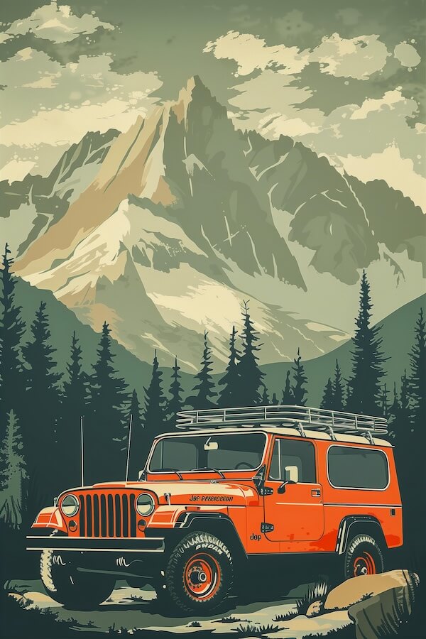 vintage-poster-of-an-orange-jeep-wrangler-in-the-mountains