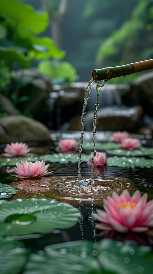 water-flowing-from-a-bamboo-spout-into-a-lotus-pond