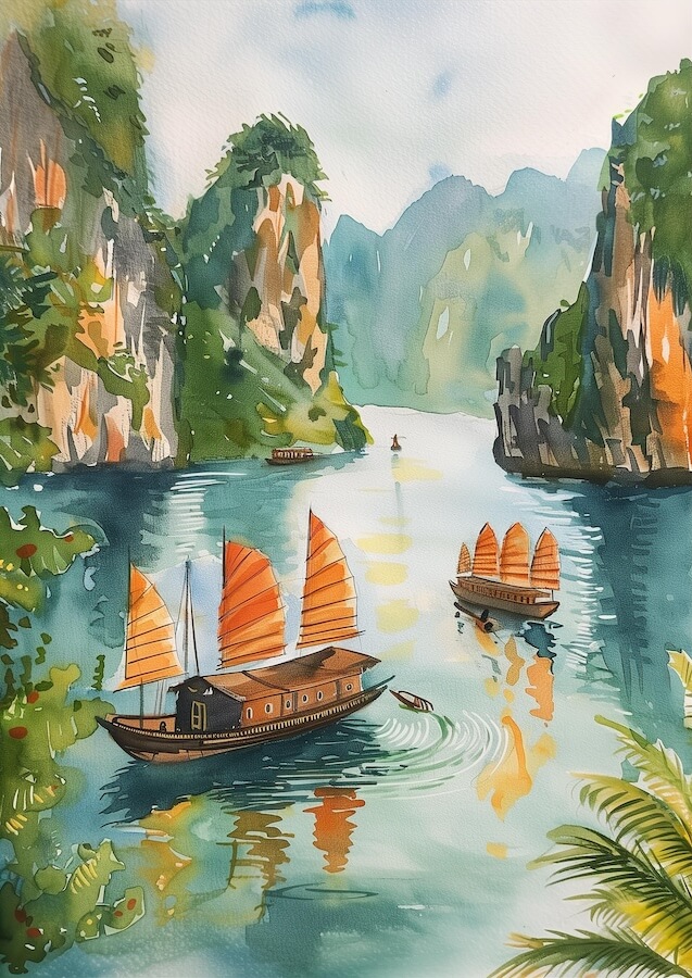 watercolor-painting-of-ha-long-bay-in-vietnam
