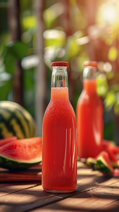 watermelon-juice-in-glass-bottle-with-red-cap-on-wooden-table