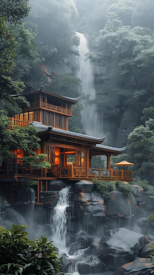 wooden-house-with-a-large-waterfall-flowing-down-the-mountain