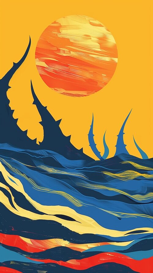 abstract-vector-illustration-of-the-sun-setting-over-an-ocean
