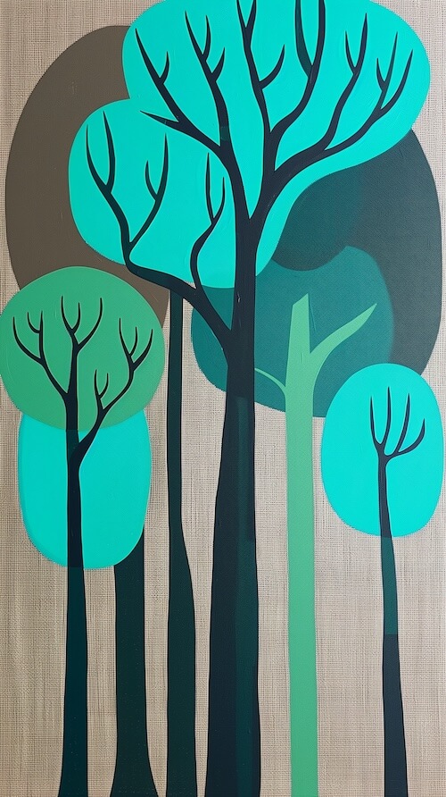 painting-of-trees-in-turquoise-and-green-with-simple-shapes