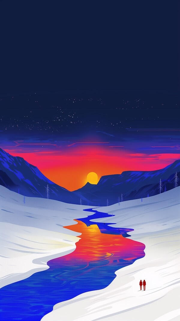 river-flows-through-the-snow-reflecting-colorful-light-on-its-surface