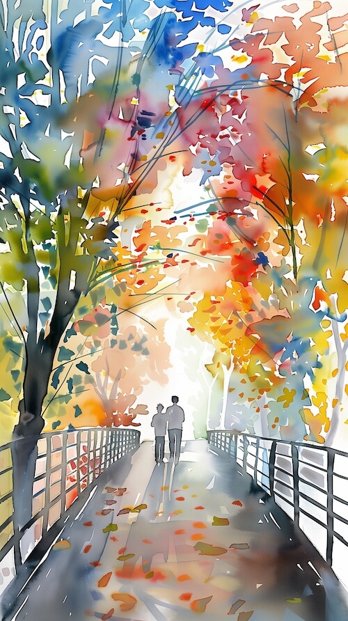 watercolor-drawing-of-an-old-couple-jogging-on-the-bridge
