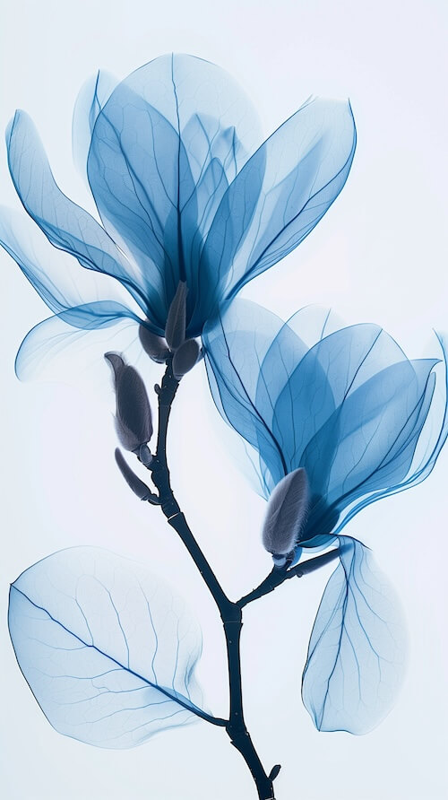 xray-of-magnolia-flowers-in-blue-with-a-light-white-background