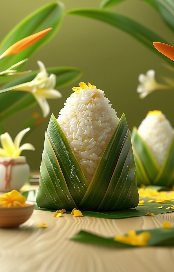 zongzi-made-of-white-rice-placed-on-the-table-with-green-leaves