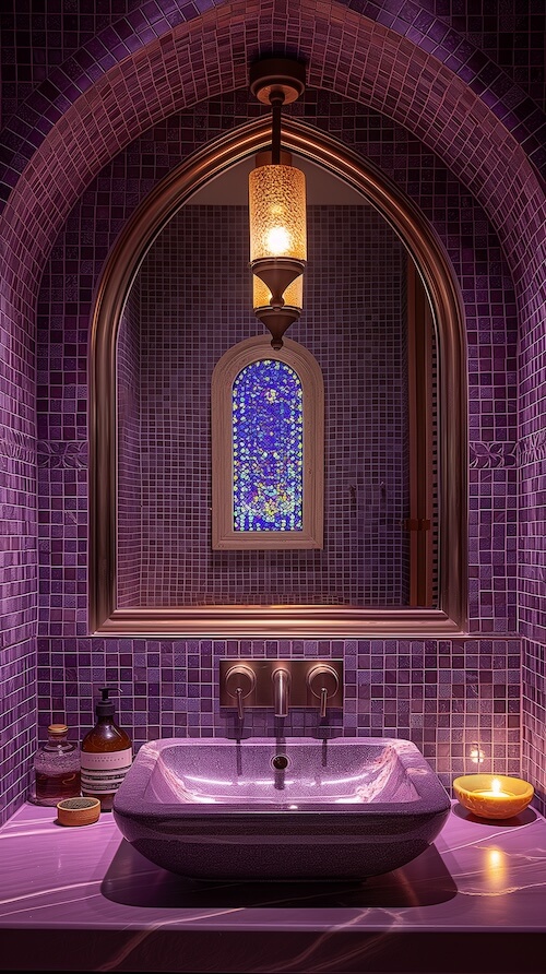 an-ornate-purple-tiled-bathroom-with-an-arched-window