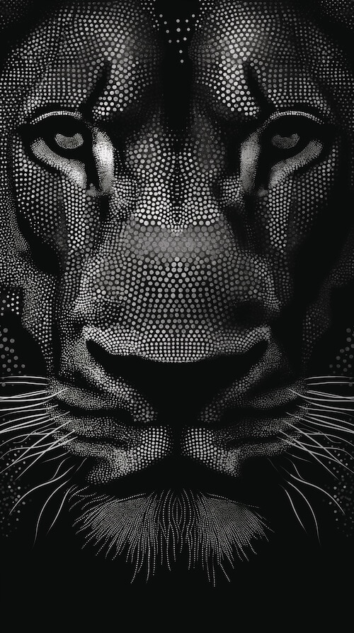 black-and-white-dot-art-illustration-of-the-face-of-an-elegant-lion